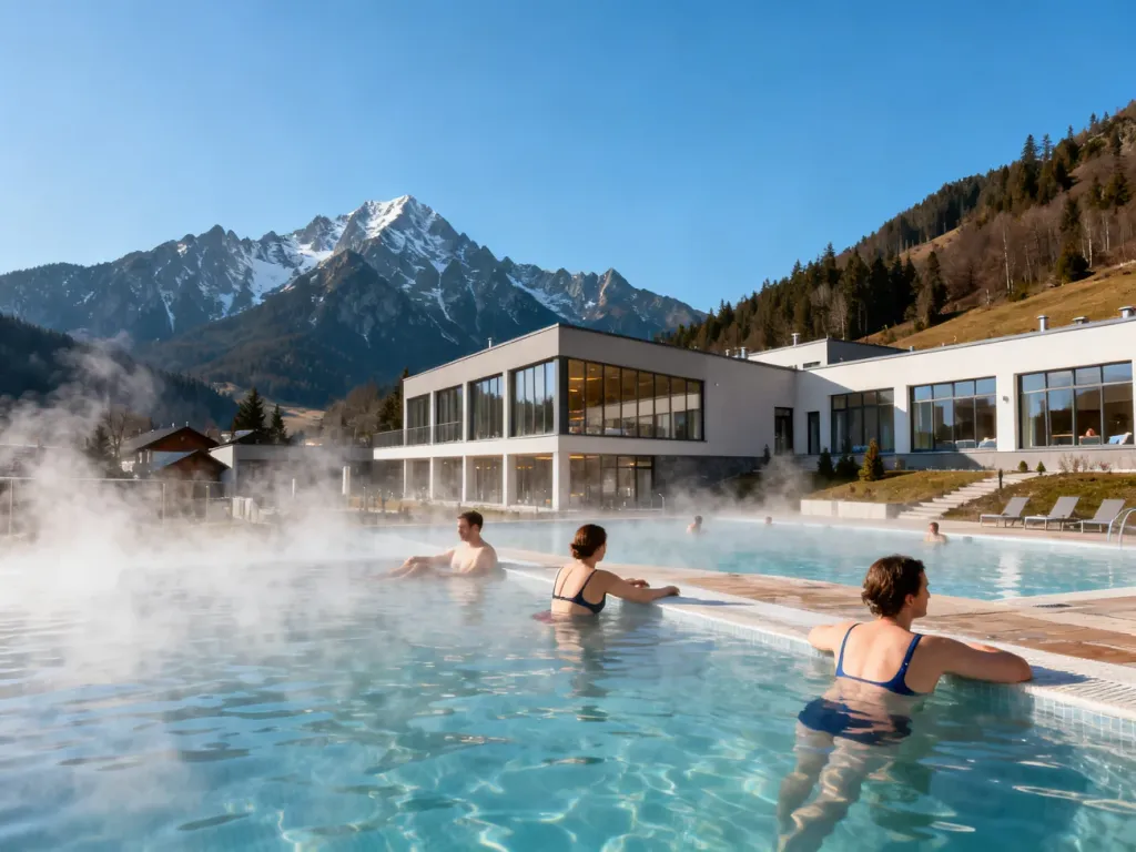 Relaks w zewnętrznych basenach Term Chochołowskich z widokiem na ośnieżone Tatry w słoneczny dzień