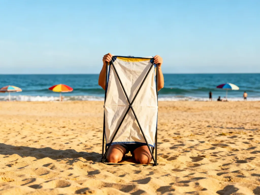 Osoba na słonecznej plaży rozkłada namiot plażowy krok po kroku, w tle morze i kolorowe parasole.