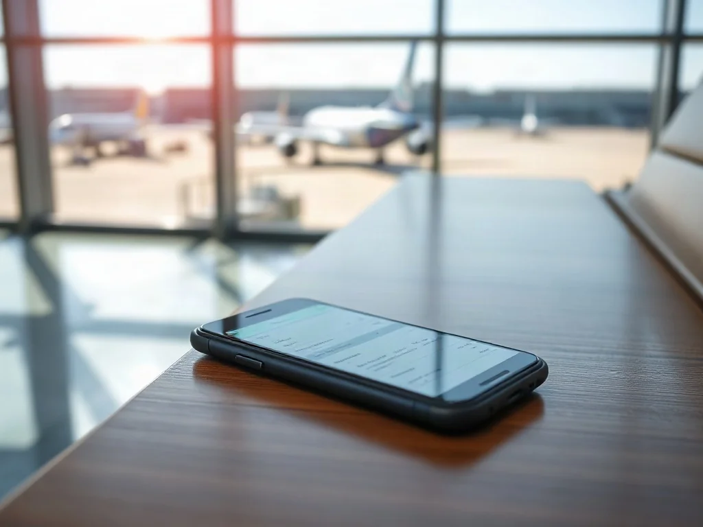 Smartfon z cyfrową kartą pokładową na lotnisku, symbolizujący proces odprawy i prawa pasażera w podróży lotniczej.